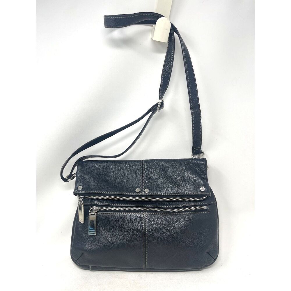 Tignanello Crossbody Bag Black Pebbled Leather Shoulder Purse Pockets 11" x 7.5"